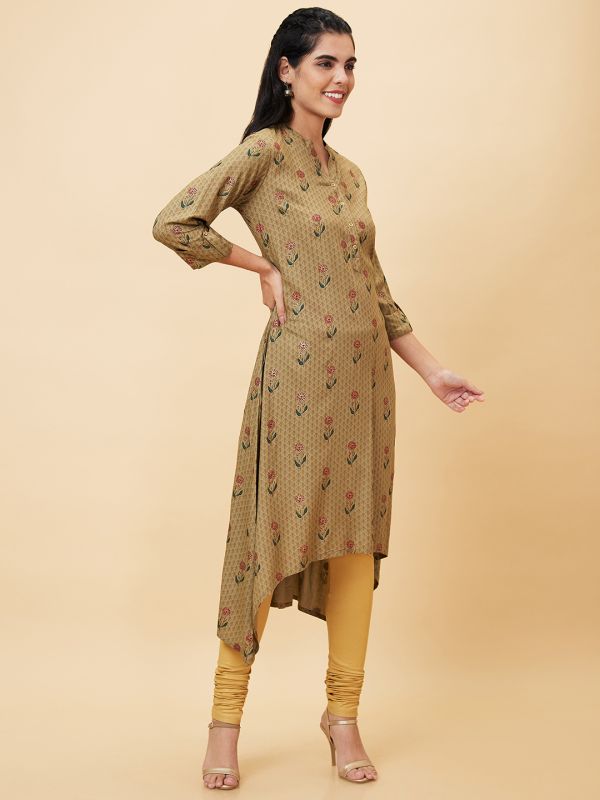 Globus Women Taupe Printed Mandarin Collar A-Line Kurta