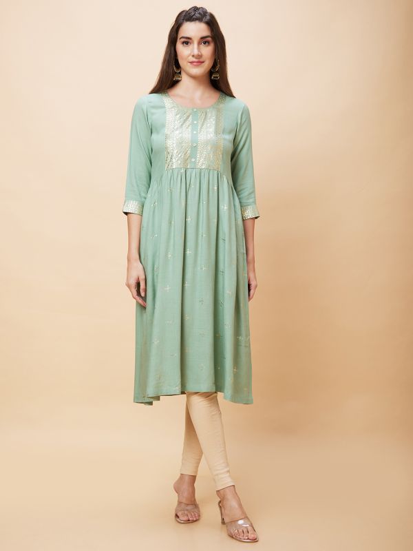 Globus Women Green Ethnic Motifs Gold Print Round Neck A-Line Kurta