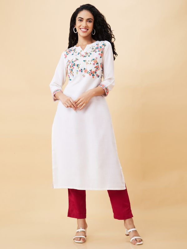 Globus Women Ecru Embroidered Round Neck Straight Kurta