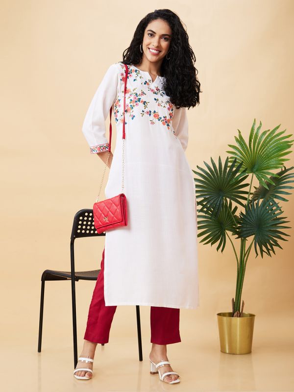 Globus Women Ecru Embroidered Round Neck Straight Kurta