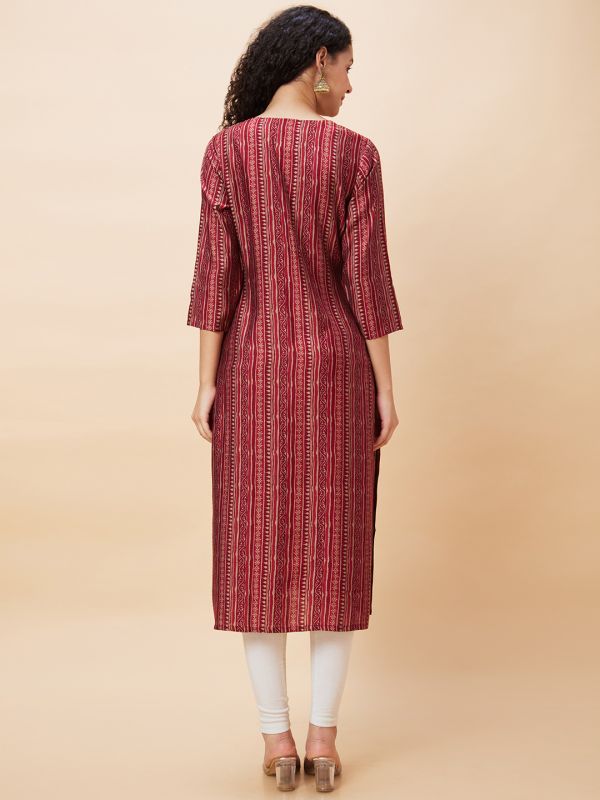 Globus Women Maroon Ethnic Print V-Neck Straight Kurta with Sequinned Yoke Embroidery