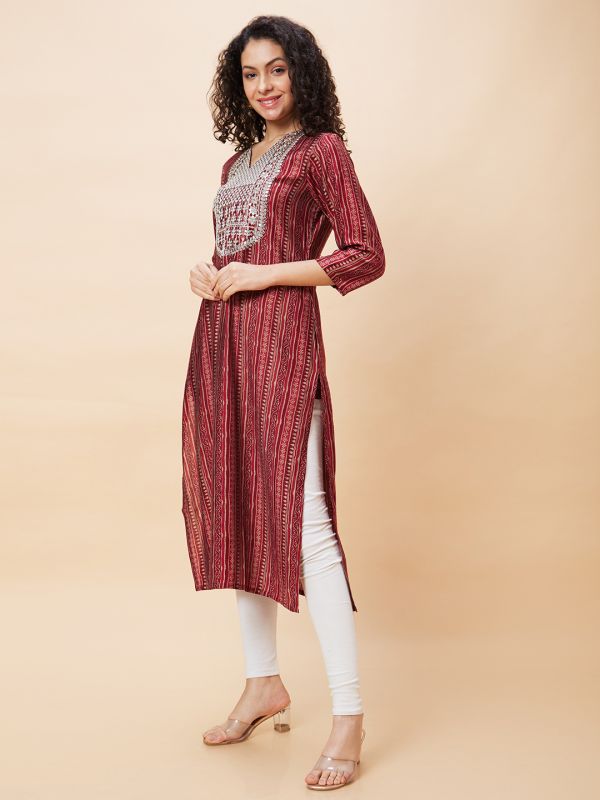 Globus Women Maroon Ethnic Print V-Neck Straight Kurta with Sequinned Yoke Embroidery