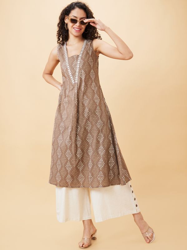 Globus Women Taupe Printed V-Neck A-Line Kurta