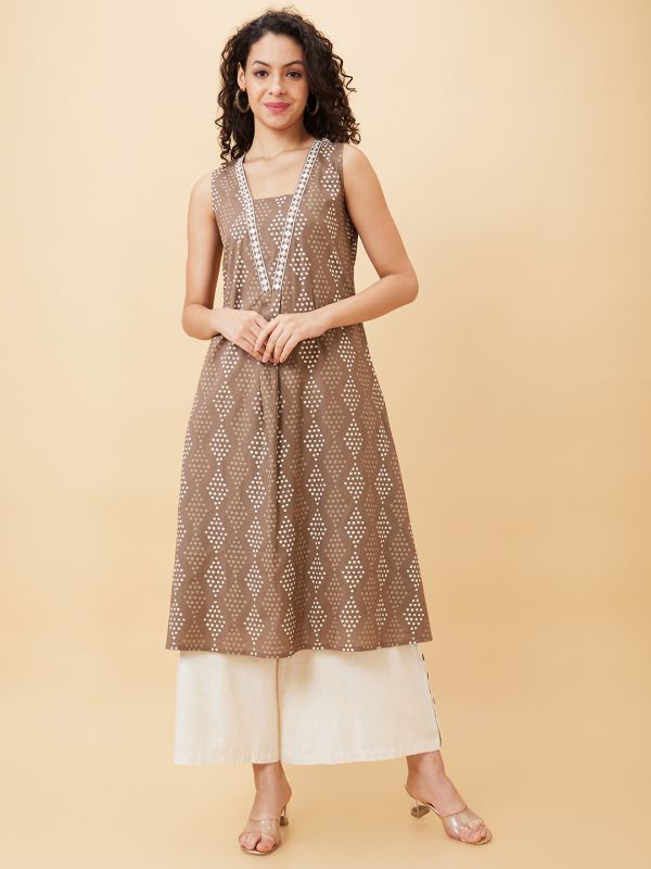 Globus Women Taupe Printed V-Neck A-Line Kurta