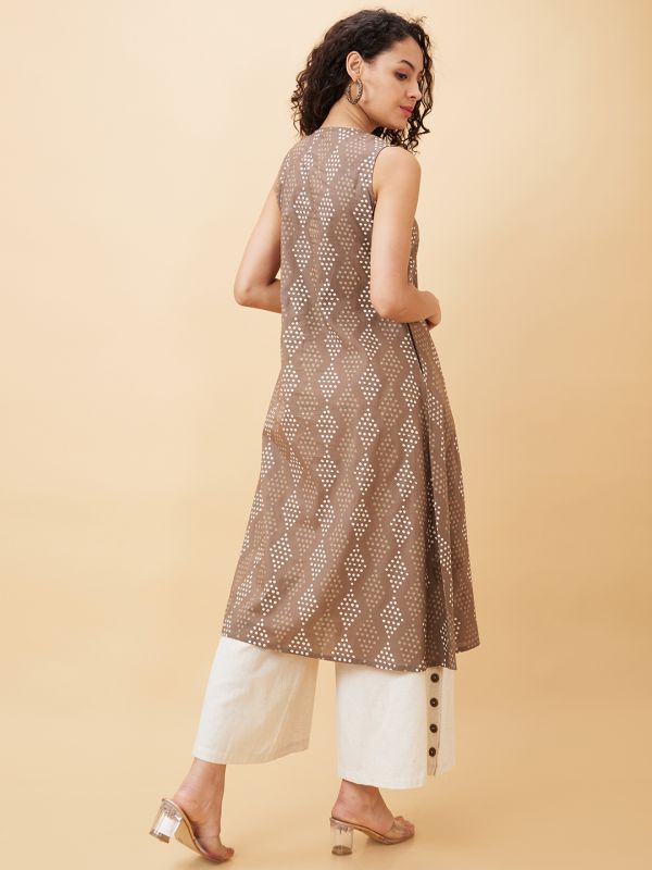 Globus Women Taupe Printed V-Neck A-Line Kurta