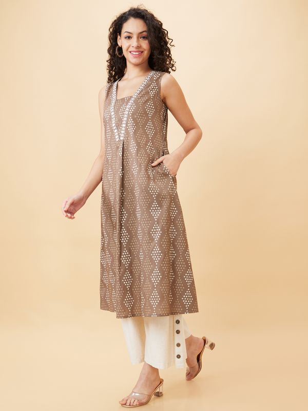 Globus Women Taupe Printed V-Neck A-Line Kurta