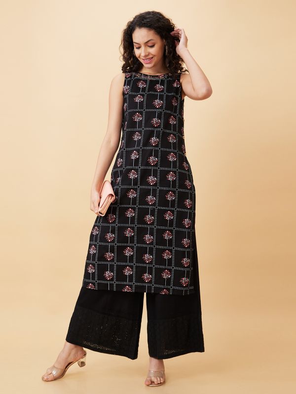 Globus Women Black Printed Boat Neck Straight Kurta