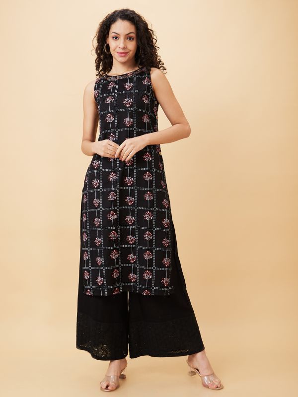 Globus Women Black Printed Boat Neck Straight Kurta