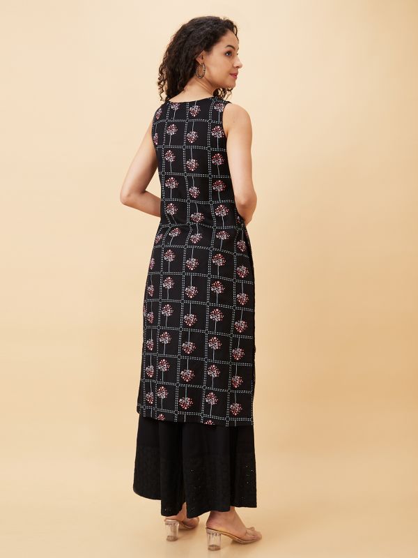 Globus Women Black Printed Boat Neck Straight Kurta