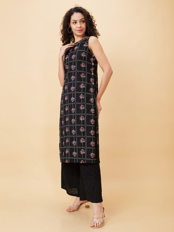 Globus Women Black Printed Boat Neck Straight Kurta