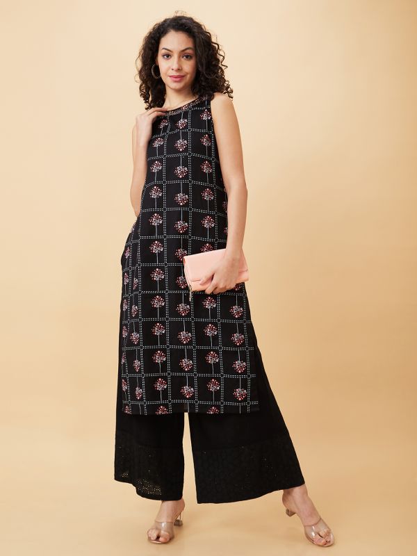 Globus Women Black Printed Boat Neck Straight Kurta