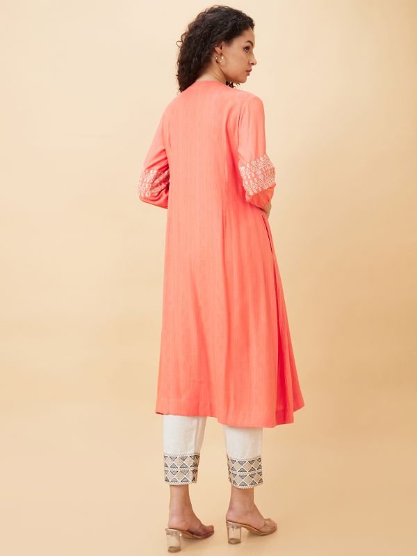 Globus Women Coral Solid V-Neck A-Line Kurta