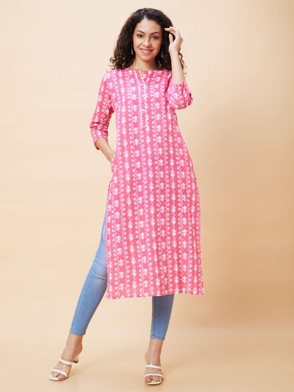 Globus Women Pink Ethnic Motifs Print Round Neck Lace Detailing Straight Fusion Kurta