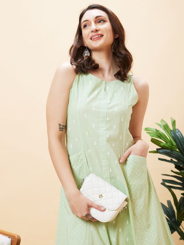 Globus Women Green Ethnic Motifs Print Round Neck Sleeveless Panelled A-Line Kurta with Pockets