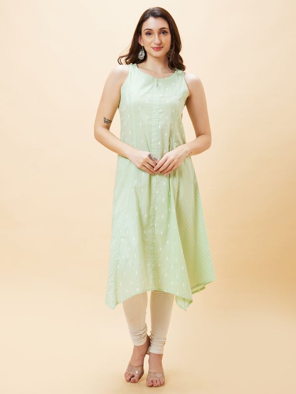 Globus Women Green Ethnic Motifs Print Round Neck Sleeveless Panelled A-Line Kurta with Pockets