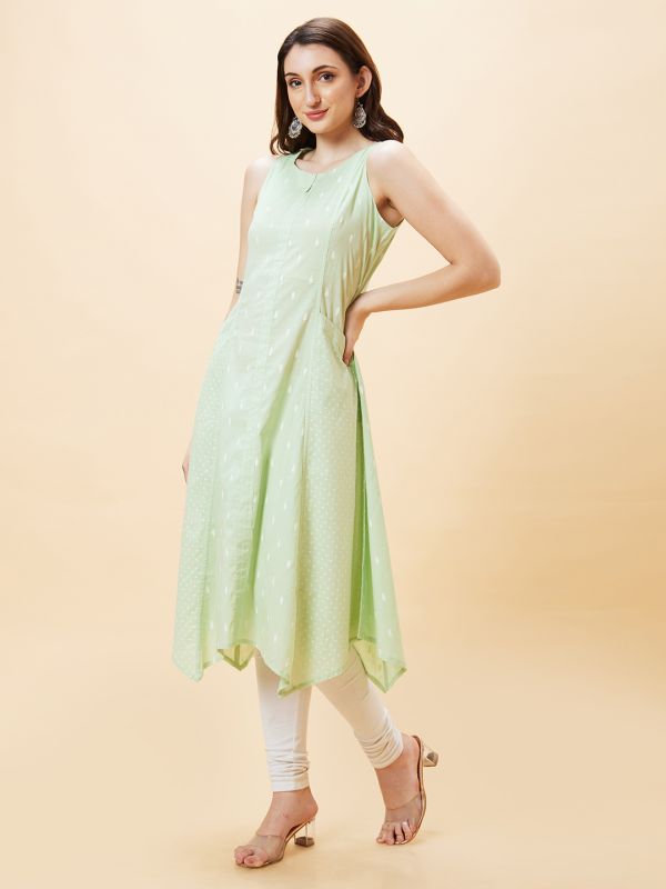 Globus Women Green Ethnic Motifs Print Round Neck Sleeveless Panelled A-Line Kurta with Pockets