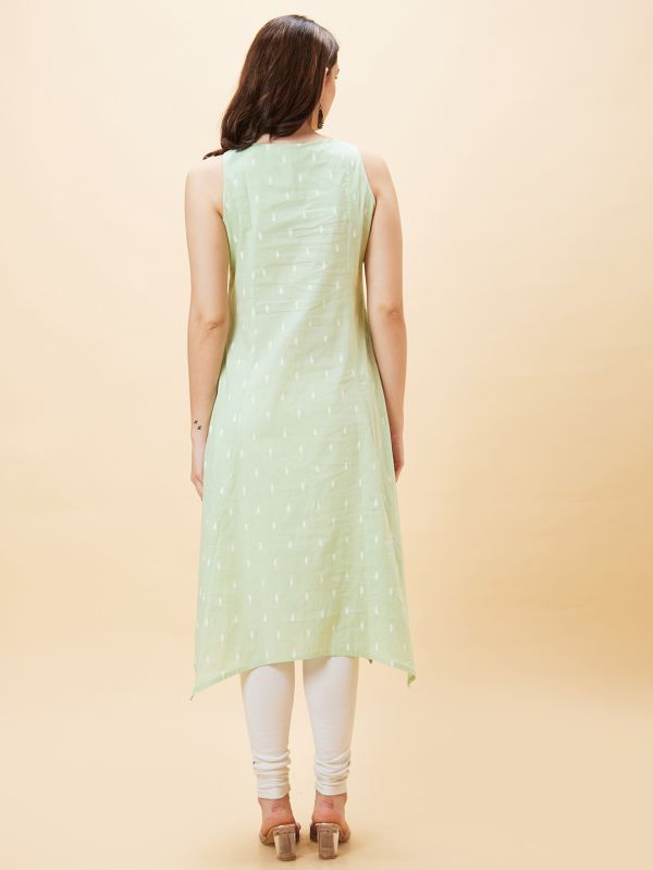 Globus Women Green Ethnic Motifs Print Round Neck Sleeveless Panelled A-Line Kurta with Pockets