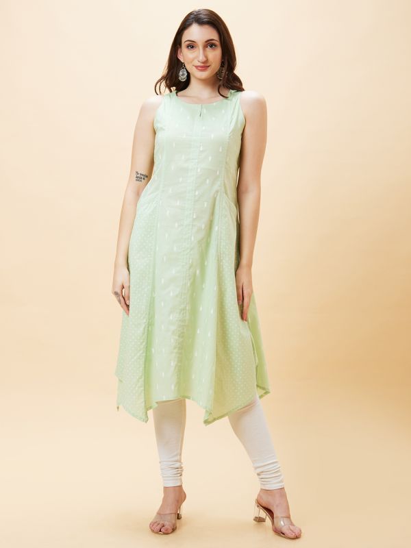 Globus Women Green Ethnic Motifs Print Round Neck Sleeveless Panelled A-Line Kurta with Pockets