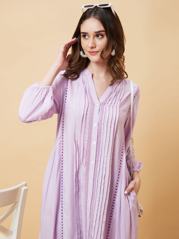 Globus Women Lavender Solid Bishop Sleeves A-Line Fusion Kurta