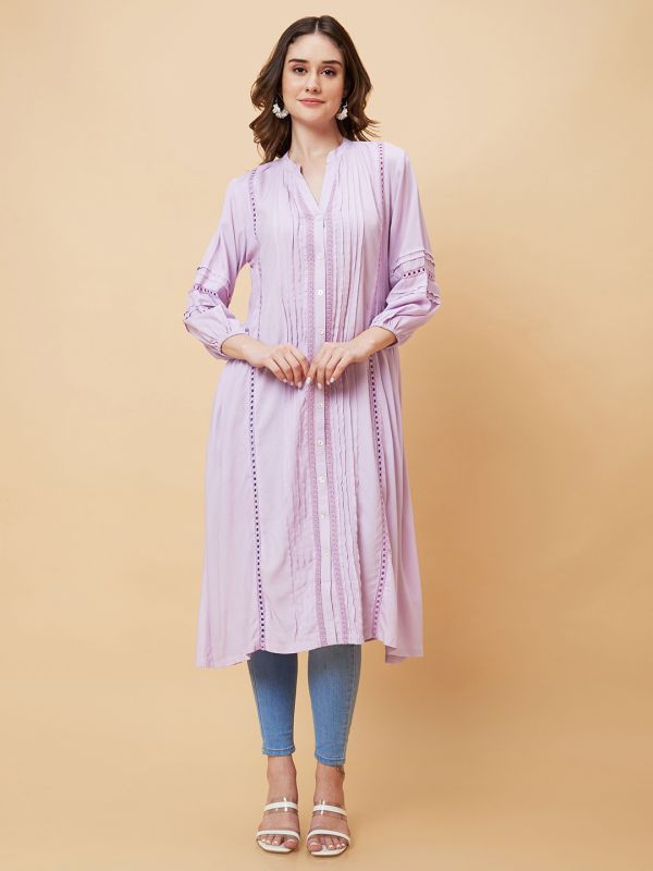 Globus Women Lavender Solid Bishop Sleeves A-Line Fusion Kurta