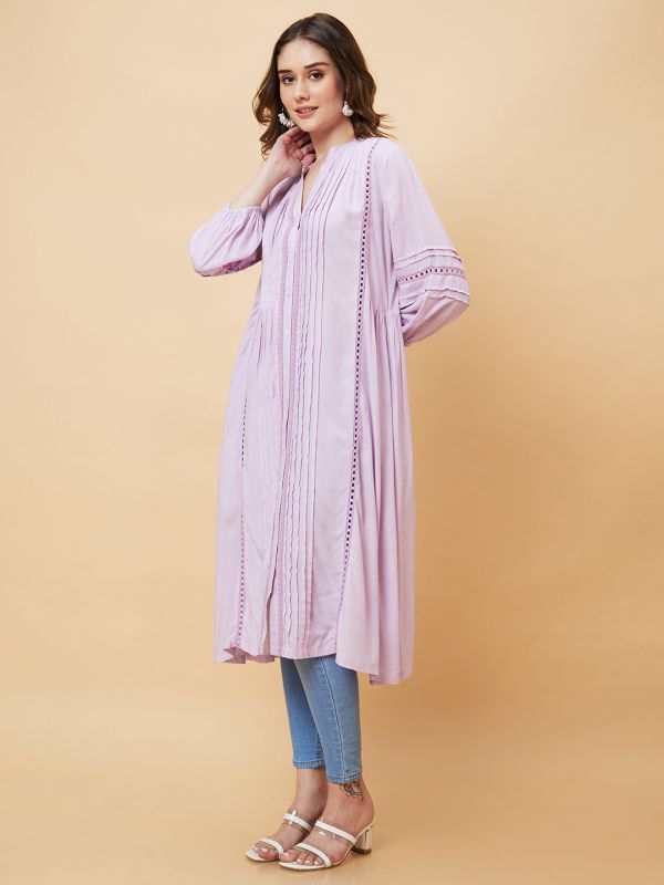 Globus Women Lavender Solid Bishop Sleeves A-Line Fusion Kurta