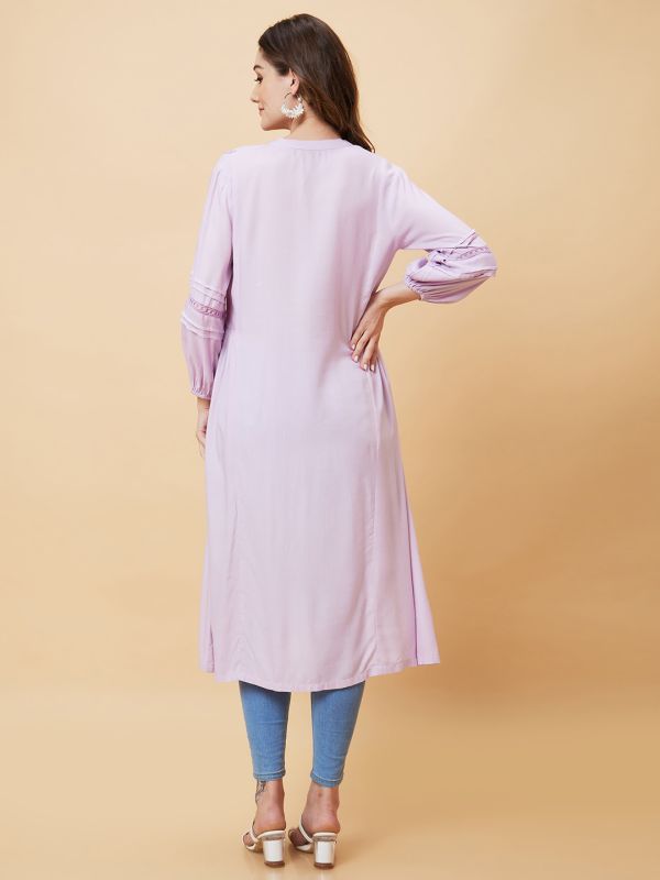 Globus Women Lavender Solid Bishop Sleeves A-Line Fusion Kurta