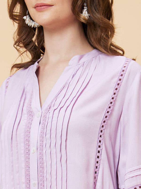Globus Women Lavender Solid Bishop Sleeves A-Line Fusion Kurta