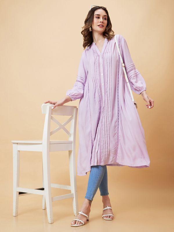Globus Women Lavender Solid Bishop Sleeves A-Line Fusion Kurta