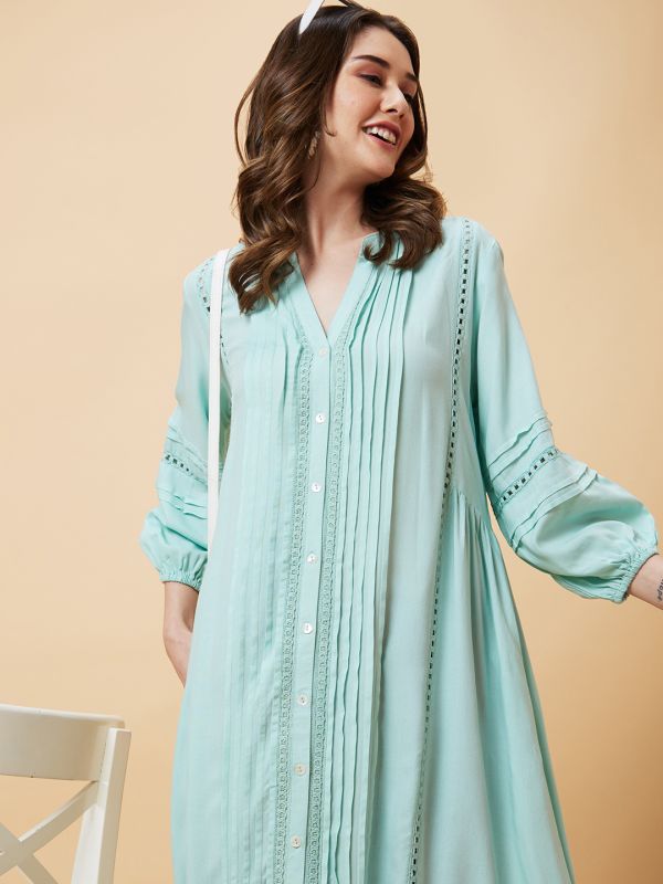 Globus Women Blue Solid Bishop Sleeves A-Line Fusion Kurta
