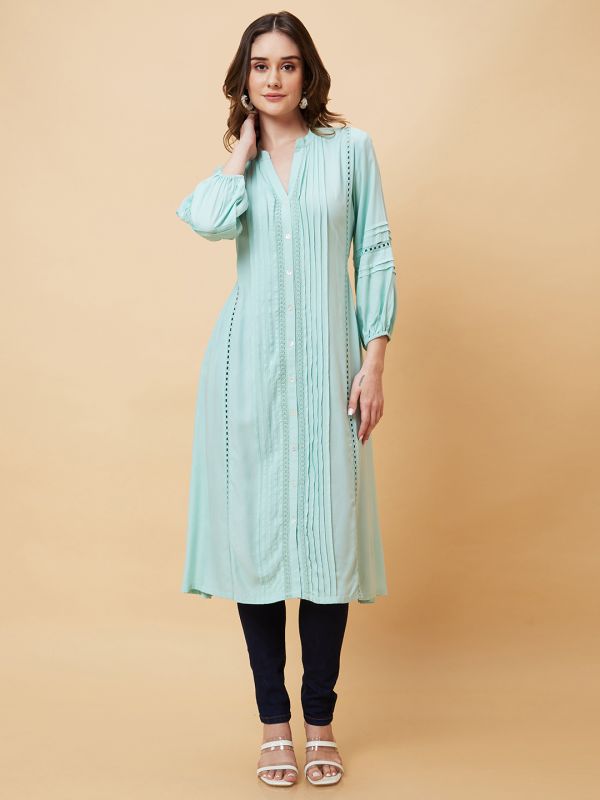 Globus Women Blue Solid Bishop Sleeves A-Line Fusion Kurta