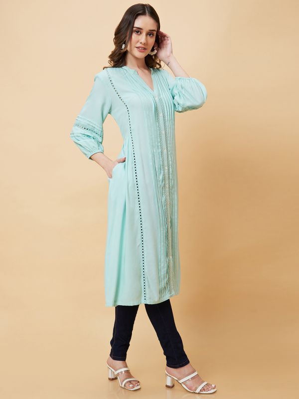 Globus Women Blue Solid Bishop Sleeves A-Line Fusion Kurta