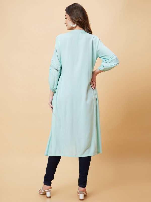 Globus Women Blue Solid Bishop Sleeves A-Line Fusion Kurta