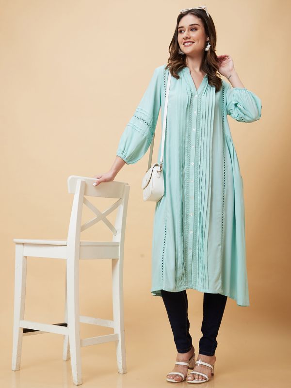 Globus Women Blue Solid Bishop Sleeves A-Line Fusion Kurta
