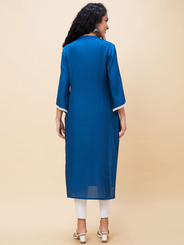 Globus Women Blue Solid Mandarin Collar Lace Insert Detailing Straight Kurta
