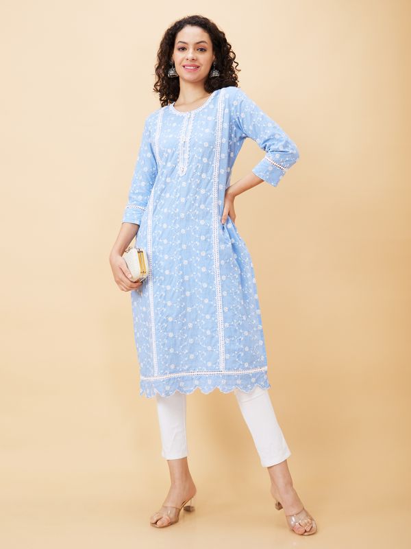 Globus Women Blue Embroidered Round Neck Straight Kurta