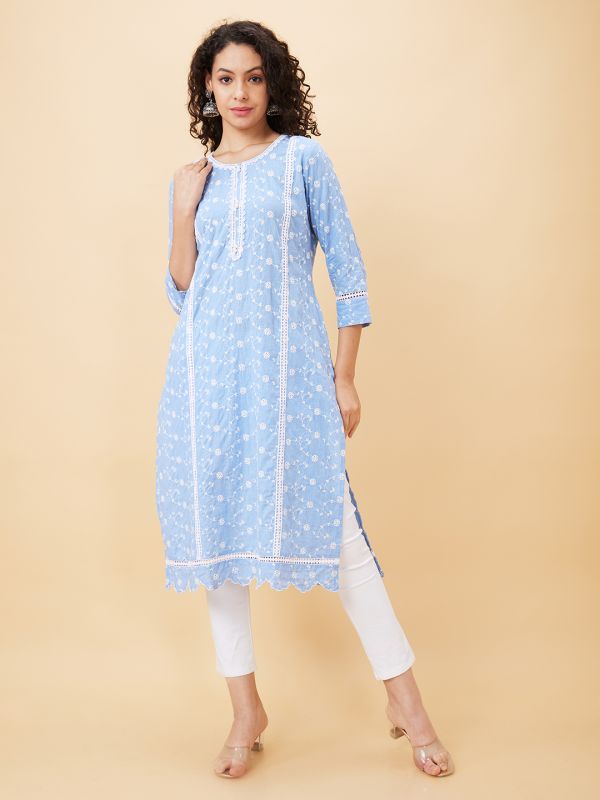 Globus Women Blue Embroidered Round Neck Straight Kurta
