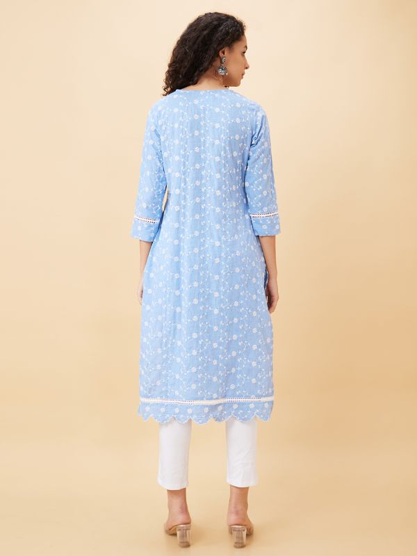 Globus Women Blue Embroidered Round Neck Straight Kurta