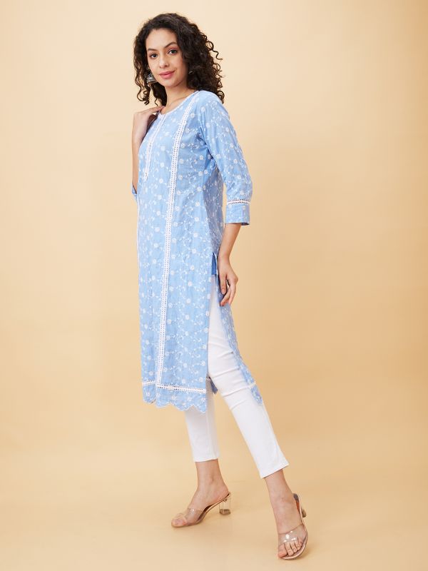 Globus Women Blue Embroidered Round Neck Straight Kurta