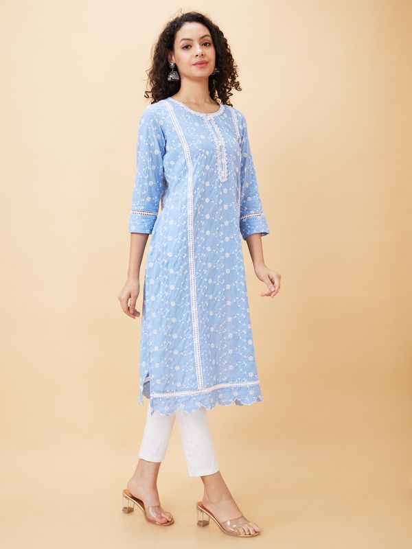 Globus Women Blue Embroidered Round Neck Straight Kurta