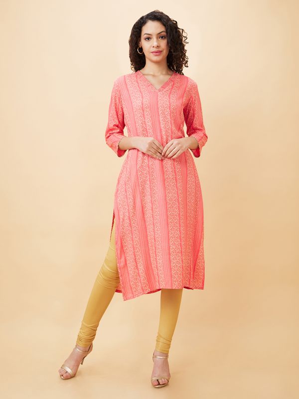 Globus Women Coral Printed V-Neck Straight Kurta