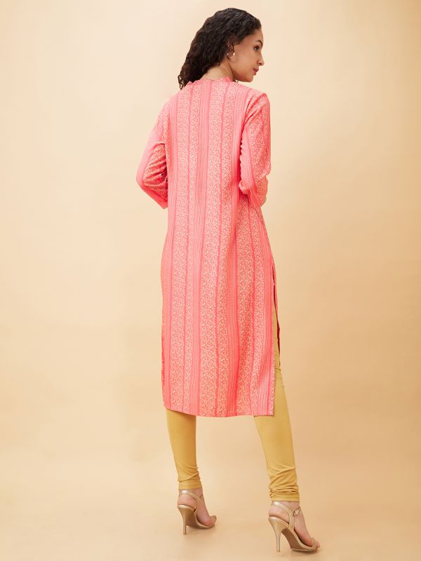 Globus Women Coral Printed V-Neck Straight Kurta