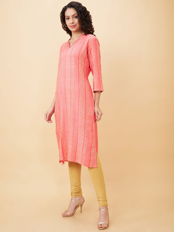 Globus Women Coral Printed V-Neck Straight Kurta