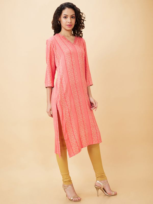 Globus Women Coral Printed V-Neck Straight Kurta