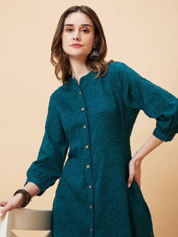 Globus Women Dark Green Woven Design Jacquard High Low Fusion Straight Kurta