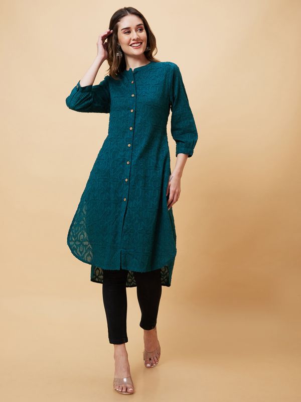 Globus Women Dark Green Woven Design Jacquard High Low Fusion Straight Kurta