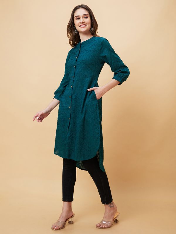 Globus Women Dark Green Woven Design Jacquard High Low Fusion Straight Kurta