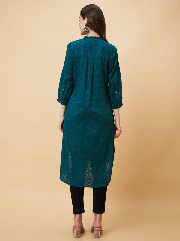 Globus Women Dark Green Woven Design Jacquard High Low Fusion Straight Kurta