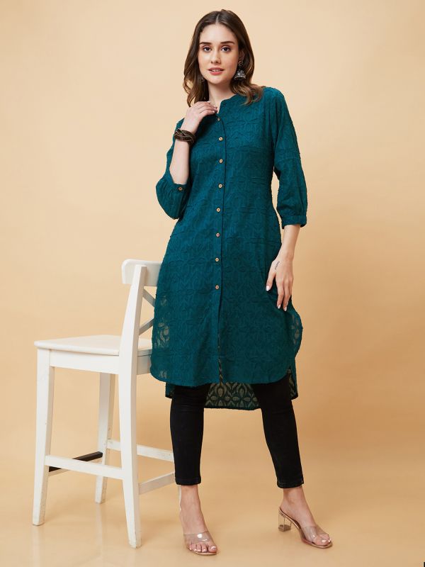 Globus Women Dark Green Woven Design Jacquard High Low Fusion Straight Kurta