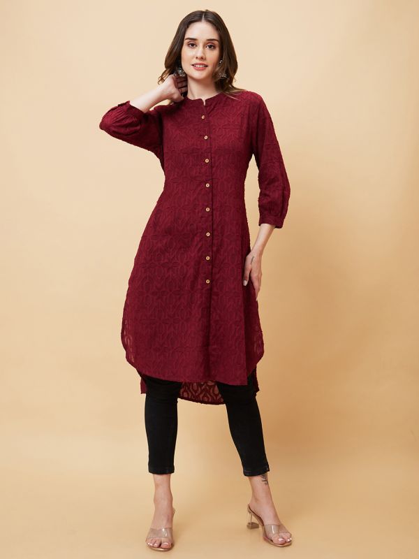 Globus Women Wine Woven Design Jacquard High Low Fusion Straight Kurta