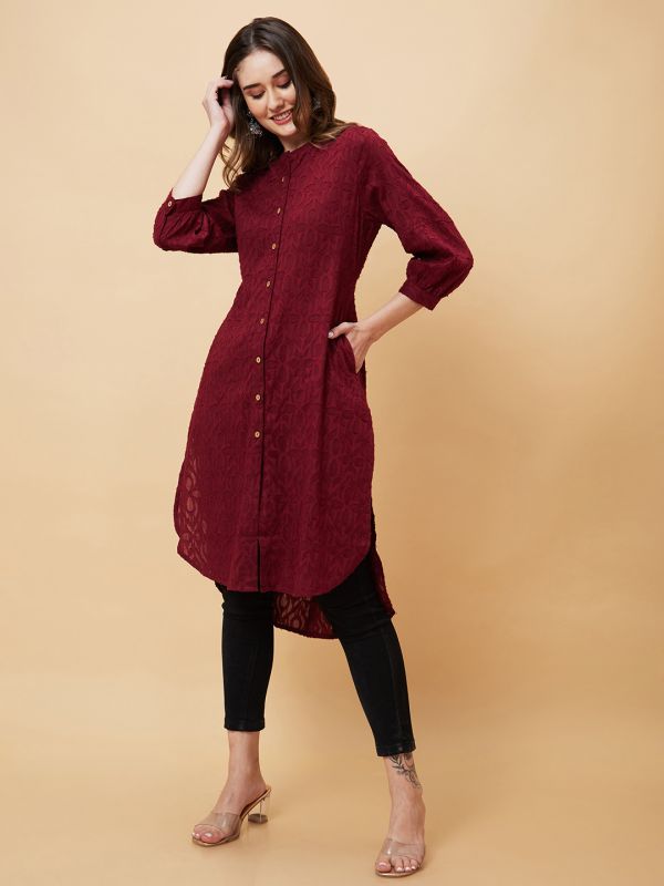 Globus Women Wine Woven Design Jacquard High Low Fusion Straight Kurta